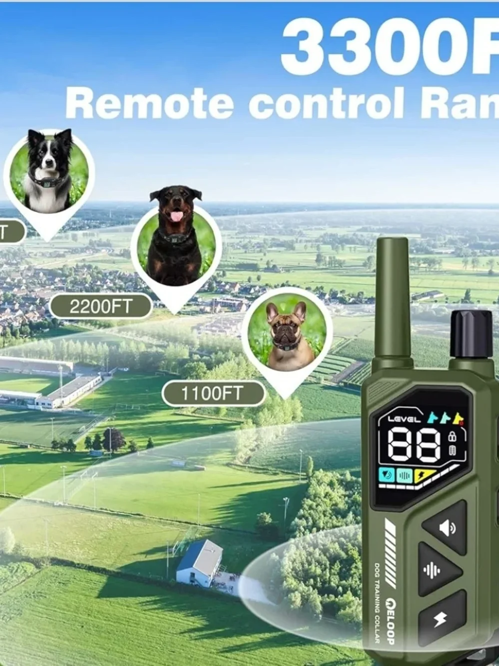 ELoop Dog Training Shock Collar Remote 3300FT IPX7 Rechargeable 3 Dog 5-120lb